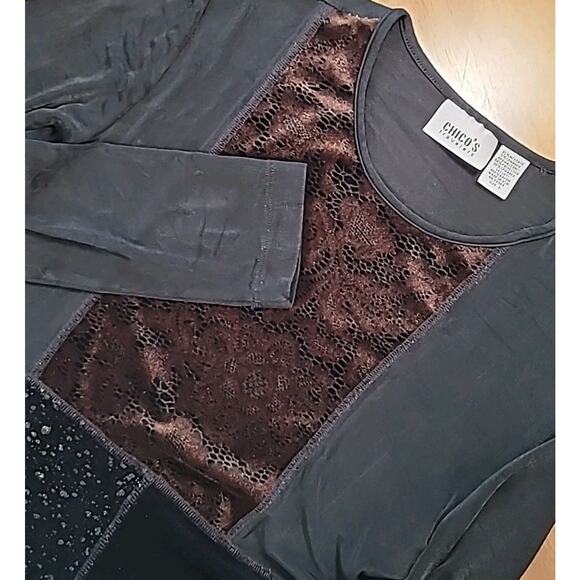 Chico’s Travelers Black Patchwork Tunic Top Long Sleeve Sz 1 M EUC - Picture 1 of 6